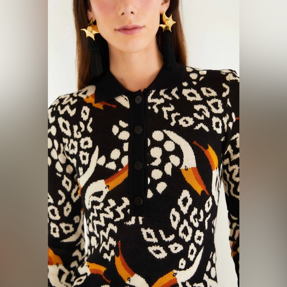 FARM RIO Black Tucanissimo Long Sleeve Polo Knit Top - Picture 2 of 3